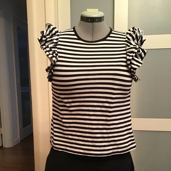 French Connection Tops - French Connection Black and White Striped Puff Sleeves Top Size M